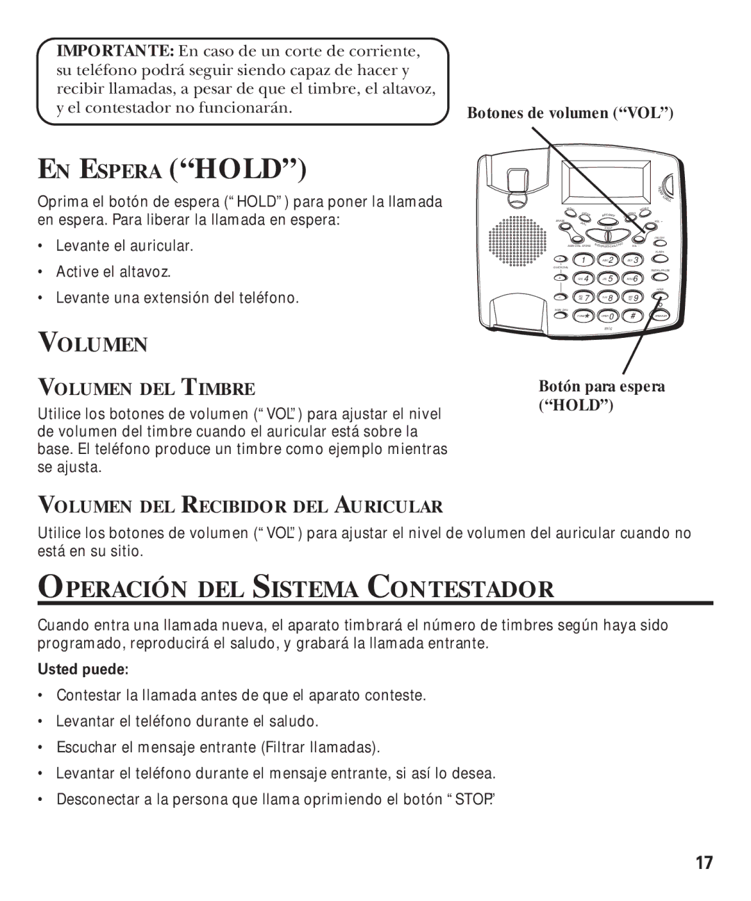 GE 29893 manual Operación DEL Sistema Contestador, Volumen DEL Timbre, Volumen DEL Recibidor DEL Auricular 