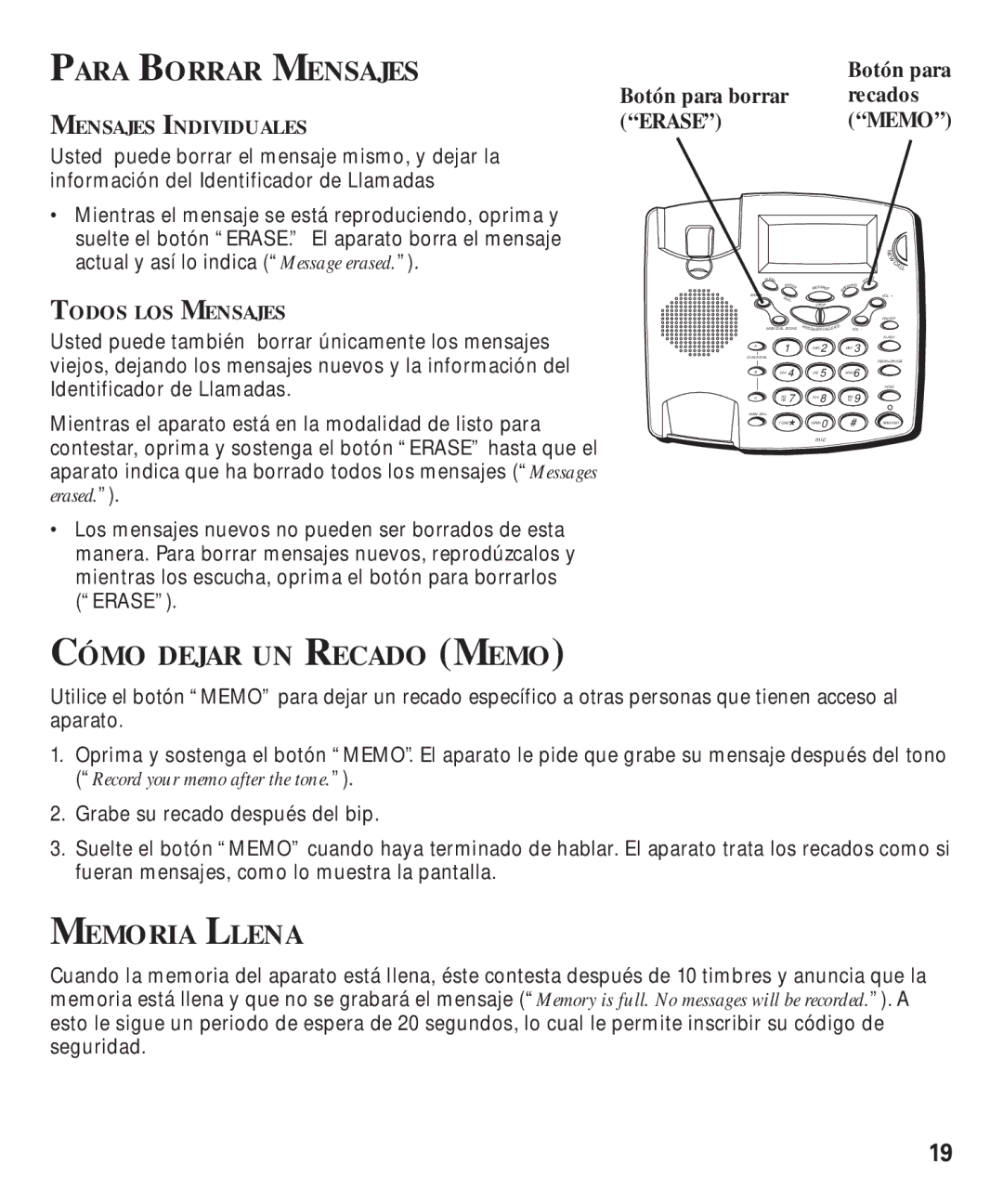 GE 29893 Para Borrar Mensajes, Cómo Dejar UN Recado Memo, Memoria Llena, Botón para Botón para borrar recados, Erasememo 