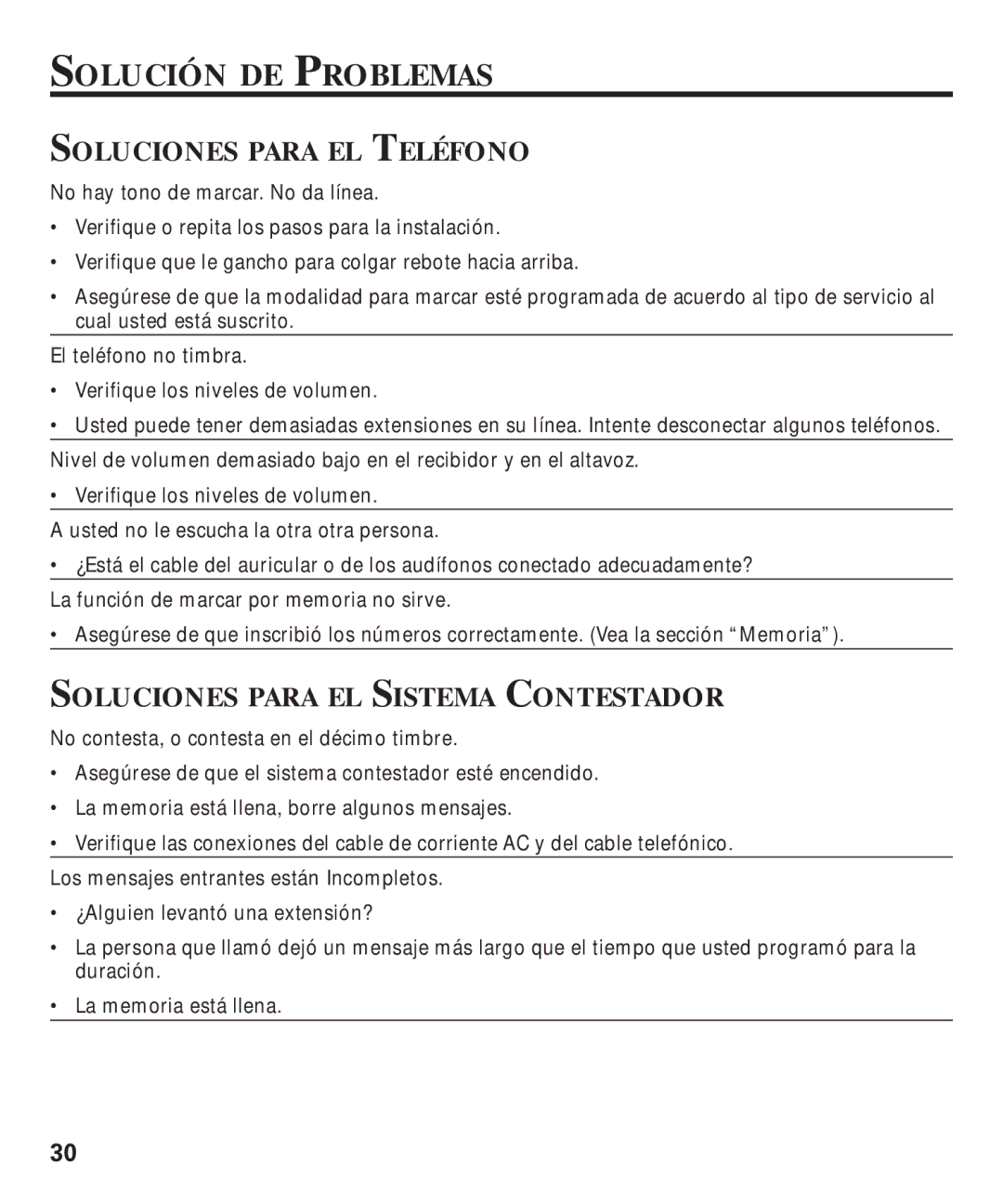 GE 29893 manual Solución DE Problemas, Soluciones Para EL Teléfono, Soluciones Para EL Sistema Contestador 