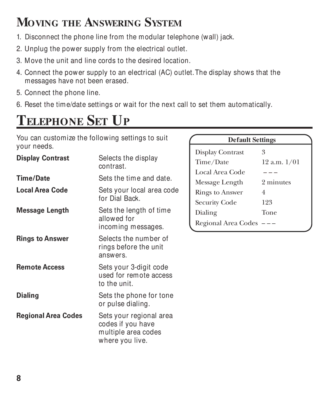 GE 29893 manual Telephone SET UP, Moving the Answering System 