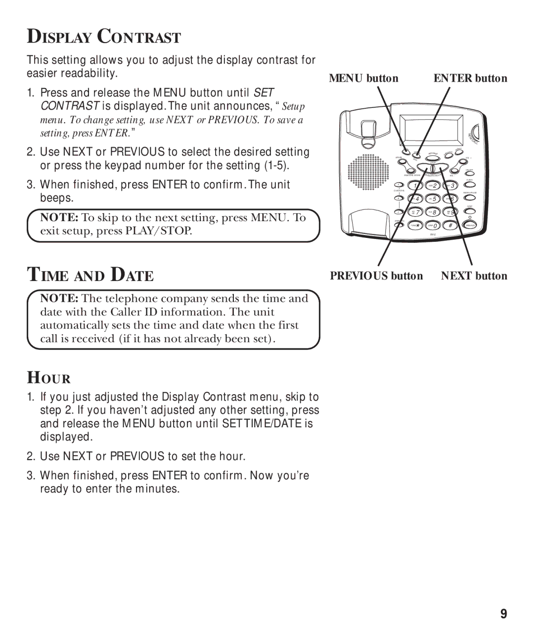 GE 29893 manual Display Contrast, Time and Date, Menu button, Hour 