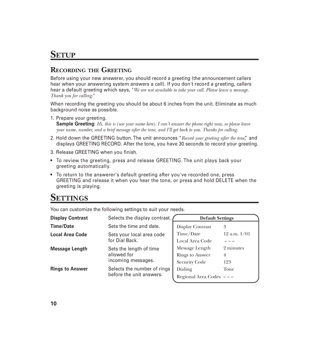 GE 29897 manual Setup, Settings, Recording the Greeting 