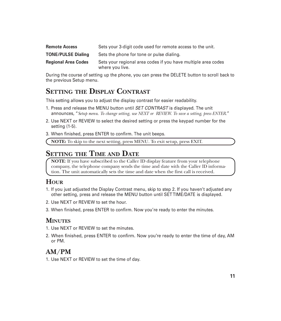 GE 29897 manual Setting the Display Contrast, Setting the Time and Date, Hour, Minutes 