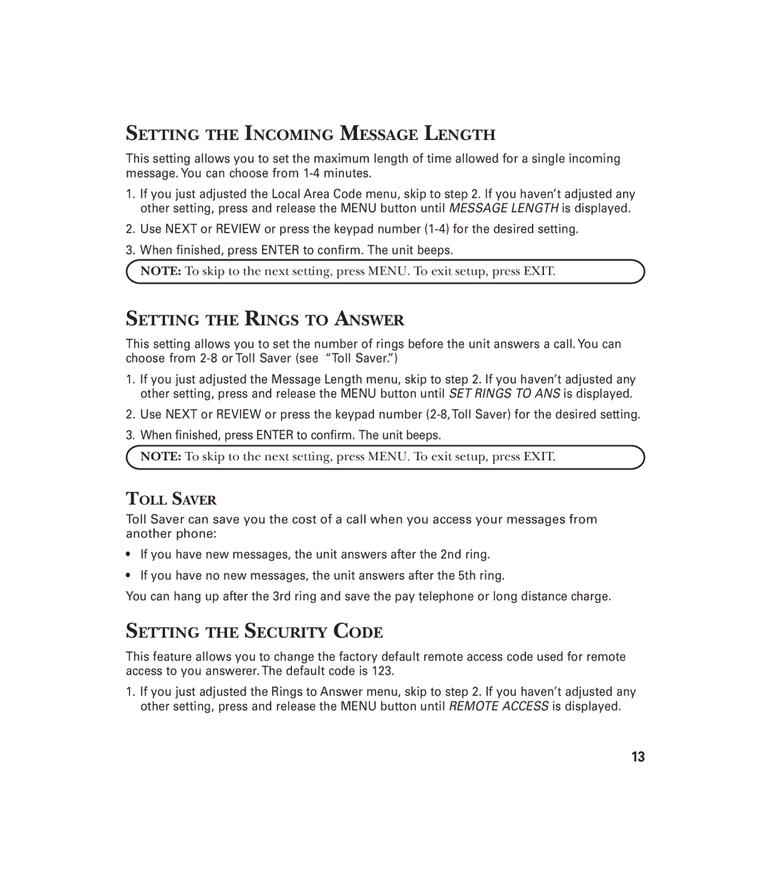 GE 29897 manual Setting the Incoming Message Length, Setting the Rings to Answer, Setting the Security Code, Toll Saver 