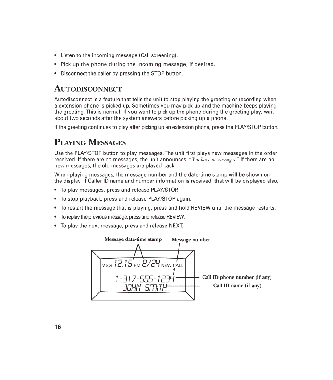 GE 29897 manual Autodisconnect, Playing Messages 