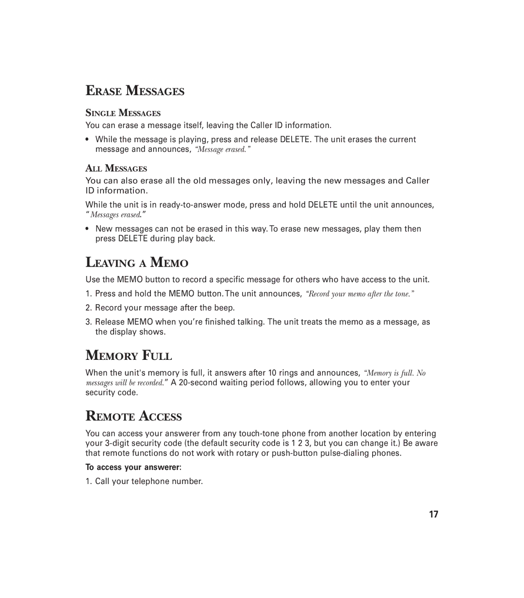 GE 29897 manual Erase Messages, Leaving a Memo, Memory Full, Remote Access 