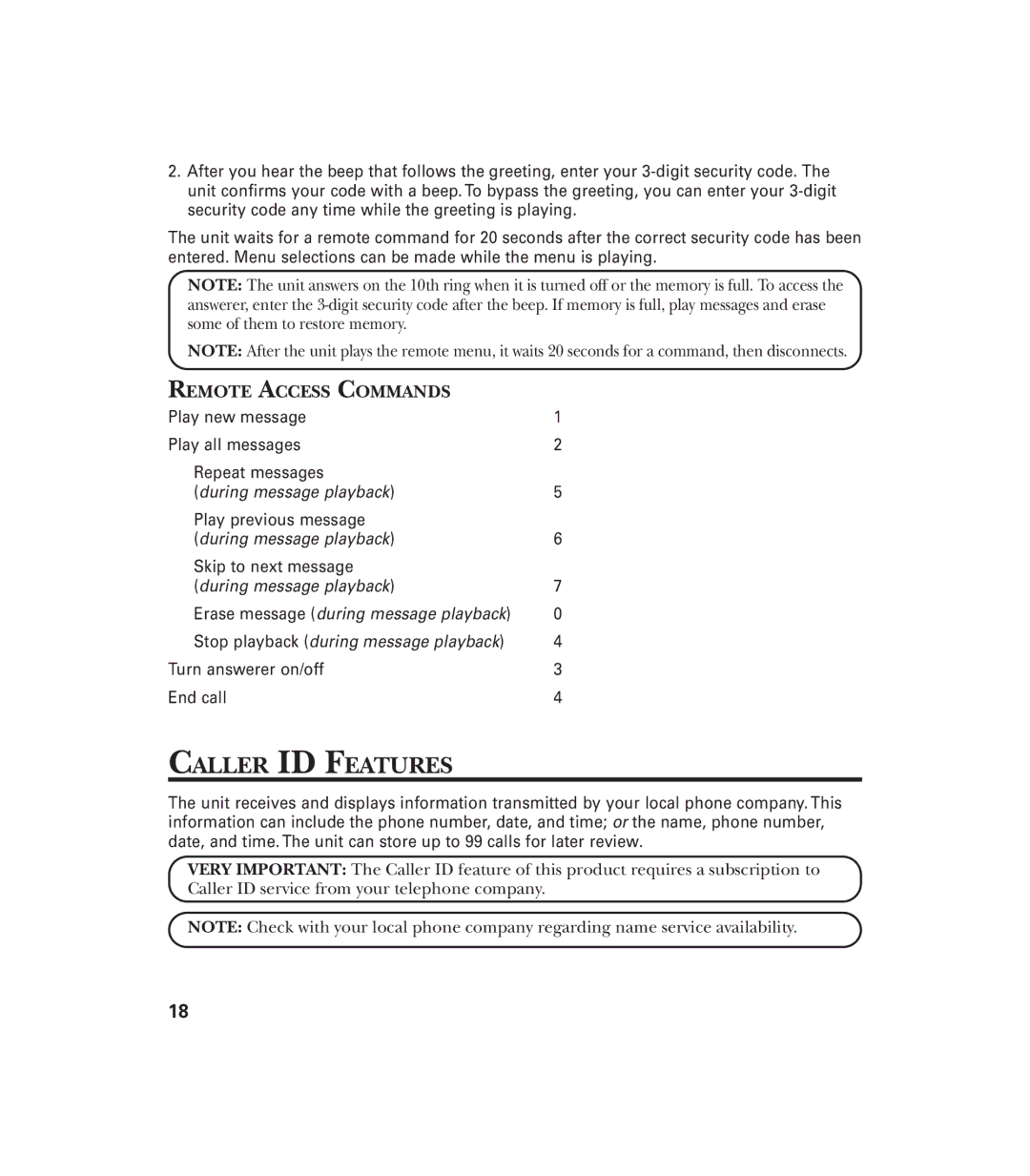 GE 29897 manual Caller ID Features, Remote Access Commands 