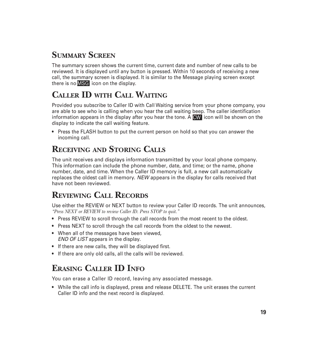 GE 29897 manual Summary Screen, Caller ID with Call Waiting, Receiving and Storing Calls, Reviewing Call Records 