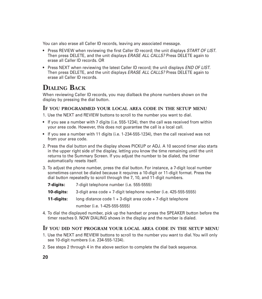 GE 29897 manual Dialing Back, If YOU Programmed Your Local Area Code in the Setup Menu 