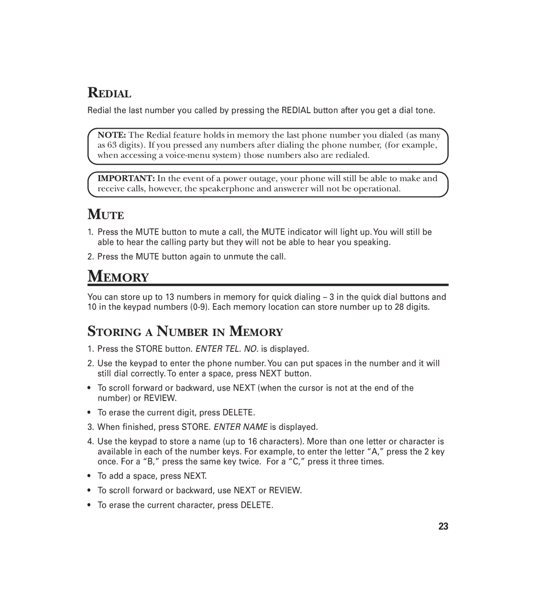 GE 29897 manual Redial, Mute, Storing a Number in Memory 