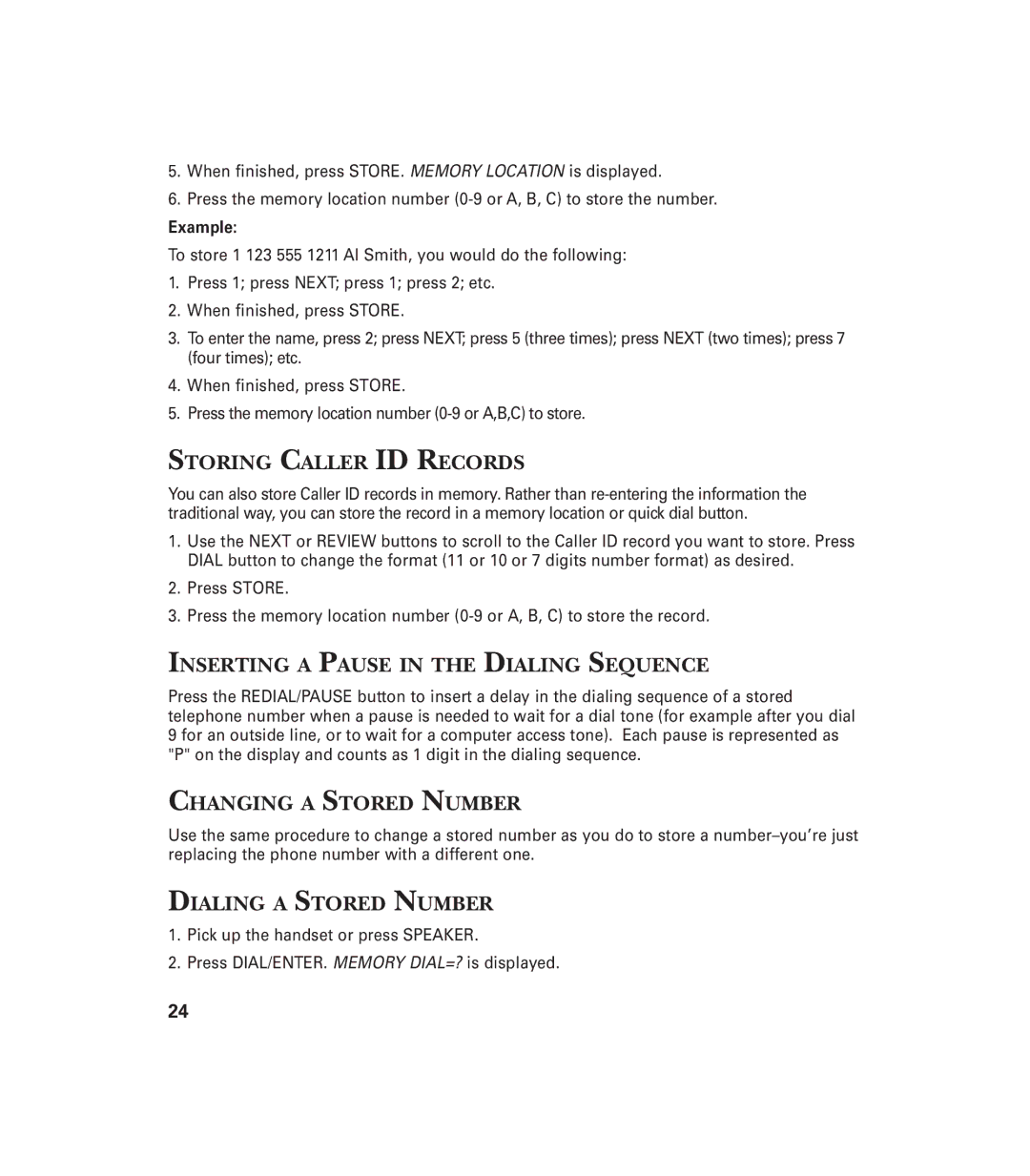 GE 29897 manual Storing Caller ID Records, Inserting a Pause in the Dialing Sequence, Changing a Stored Number 