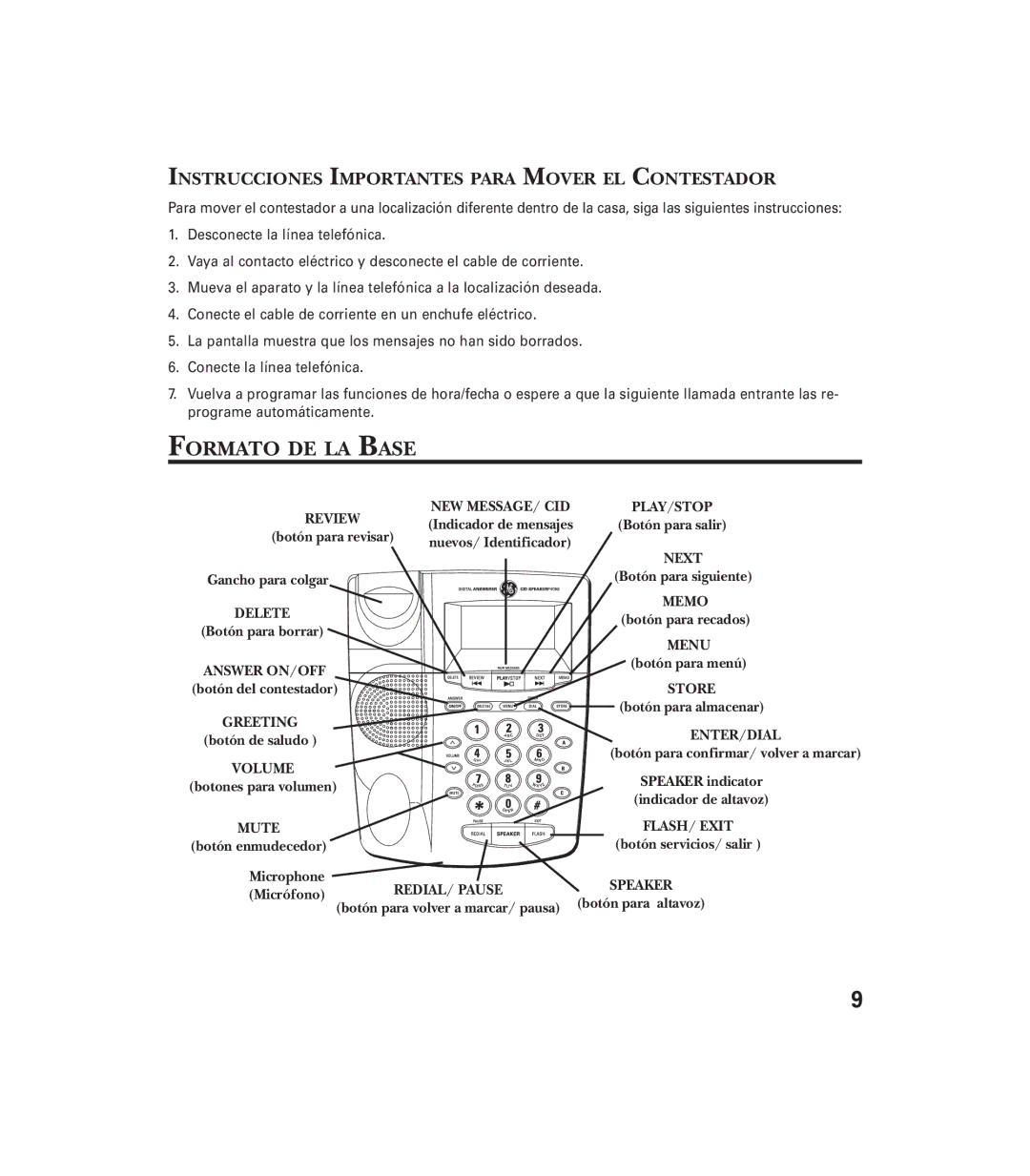 GE 29897 manual Formato DE LA Base, Instrucciones Importantes Para Mover EL Contestador 