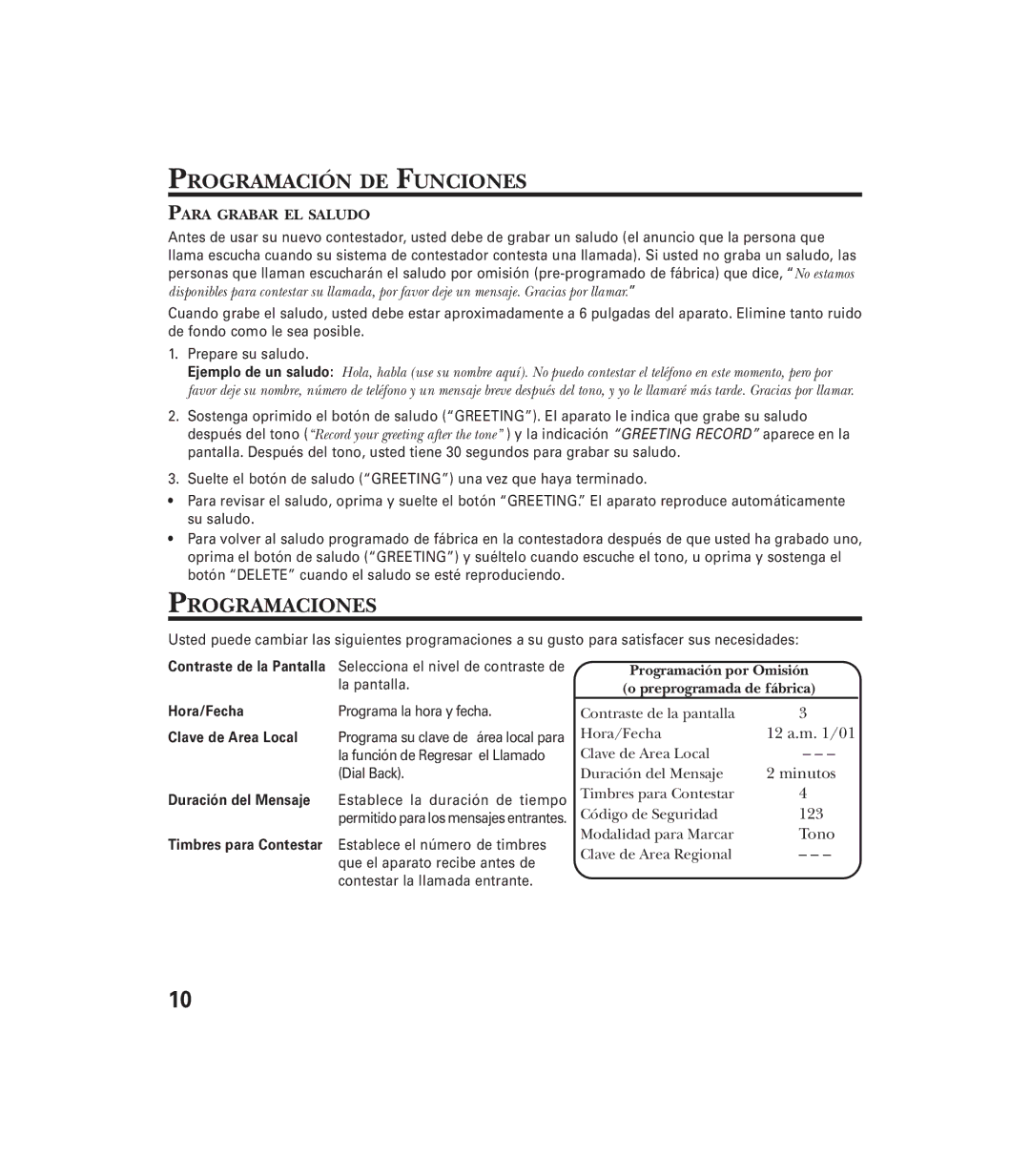 GE 29897 manual Programación DE Funciones, Programaciones, Para Grabar EL Saludo 