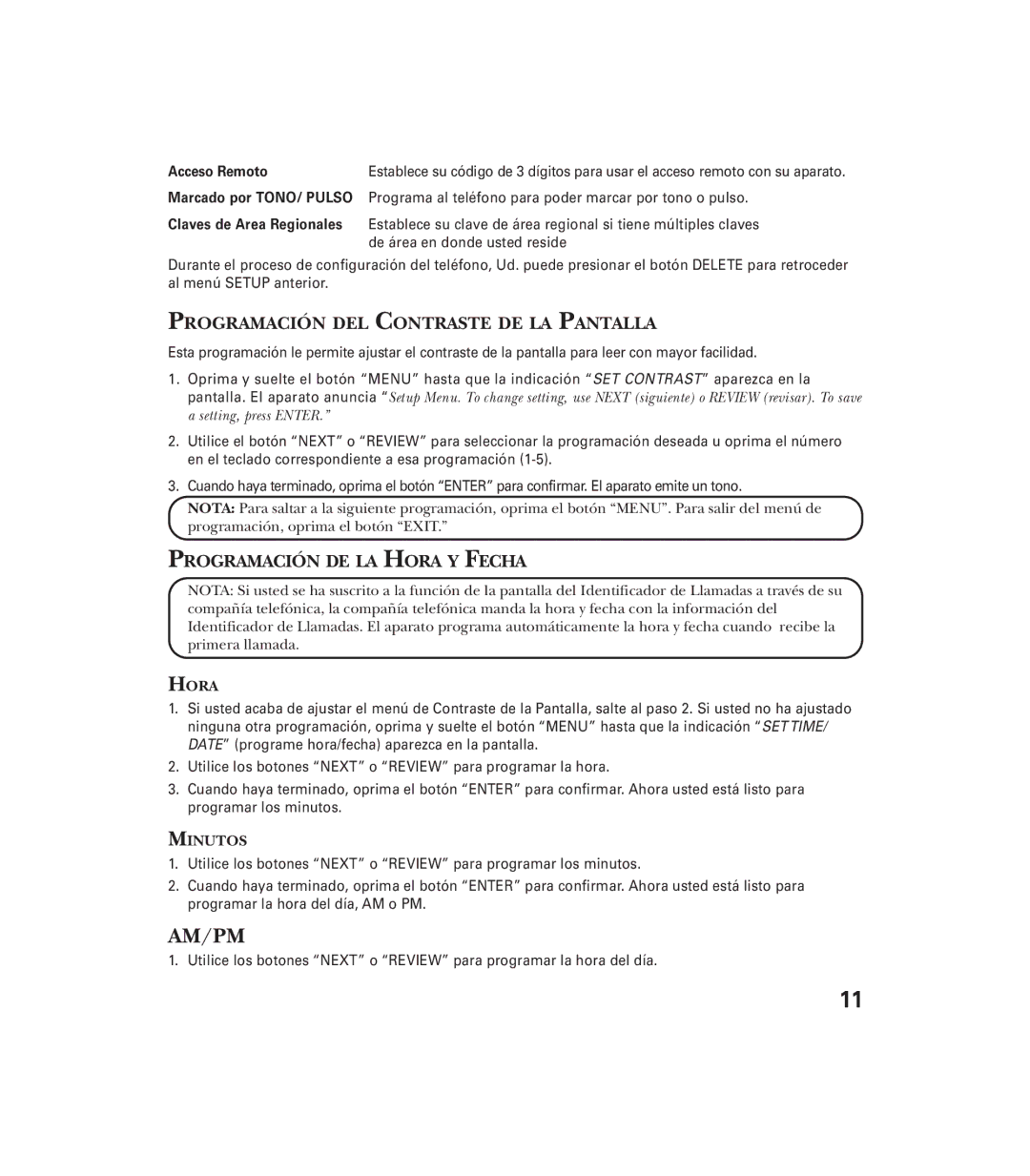 GE 29897 manual Am/Pm, Programación DEL Contraste DE LA Pantalla, Programación DE LA Hora Y Fecha, Minutos 