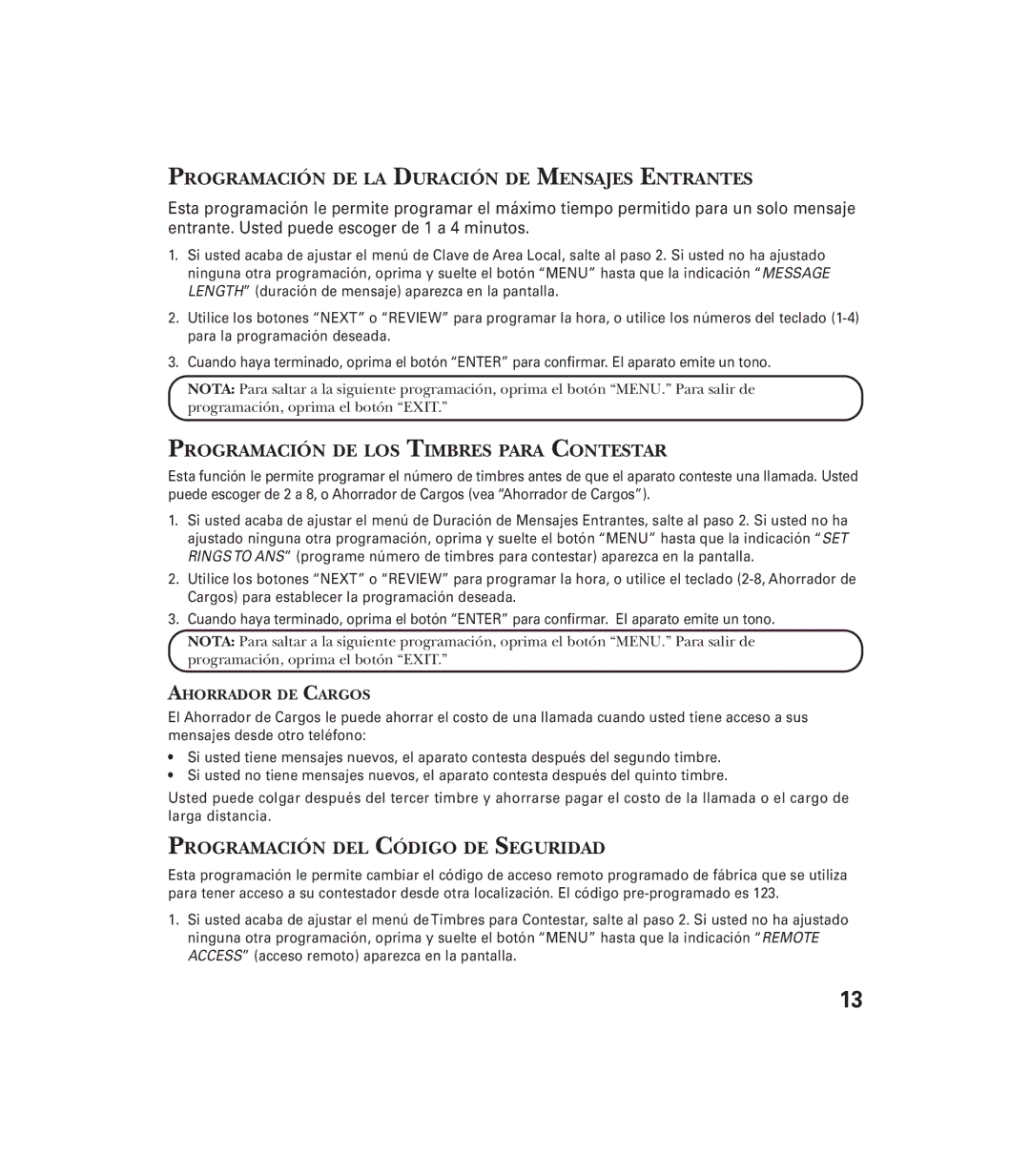 GE 29897 manual Programación DE LA Duración DE Mensajes Entrantes, Programación DE LOS Timbres Para Contestar 