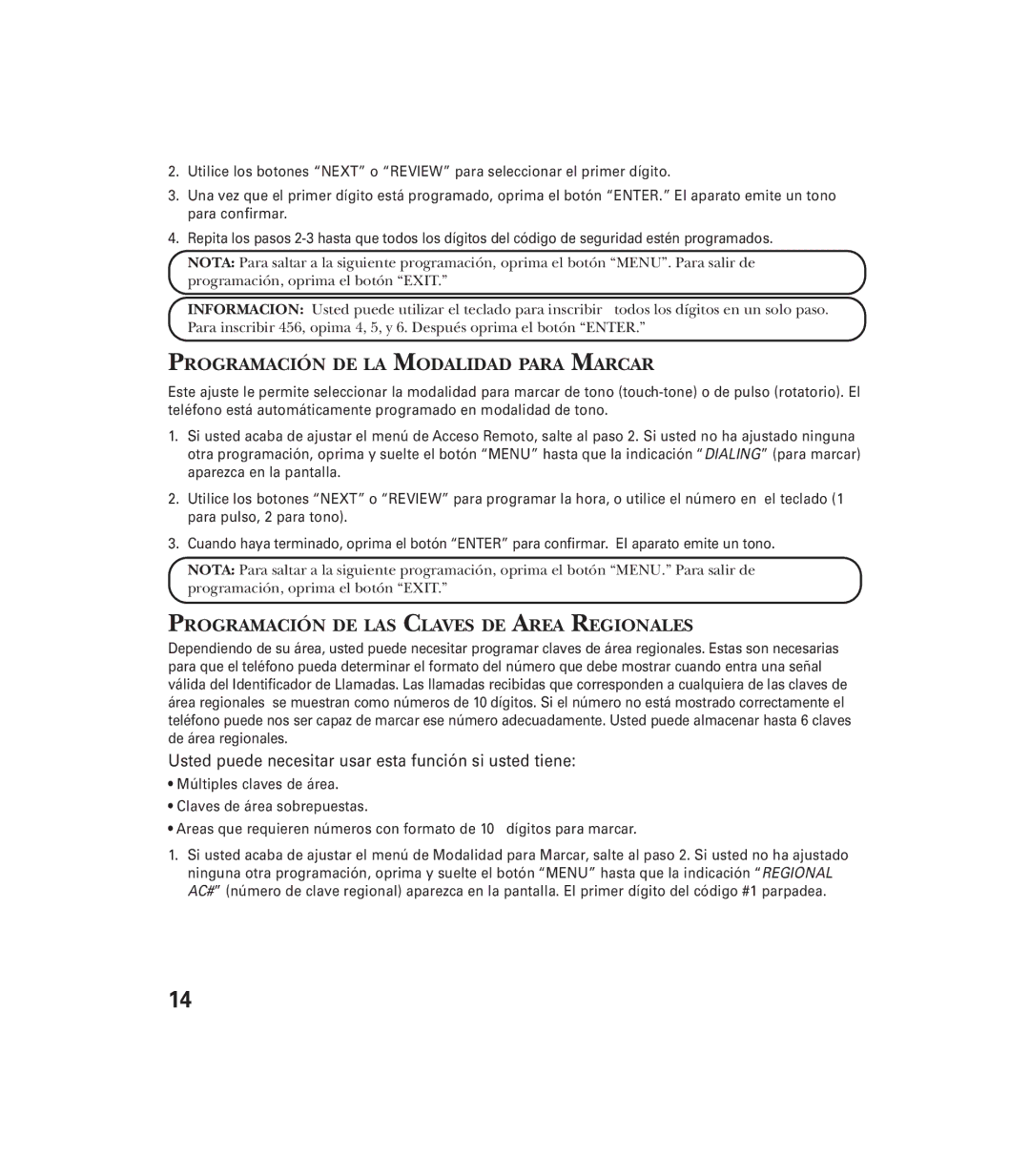 GE 29897 manual Programación DE LA Modalidad Para Marcar, Programación DE LAS Claves DE Area Regionales 