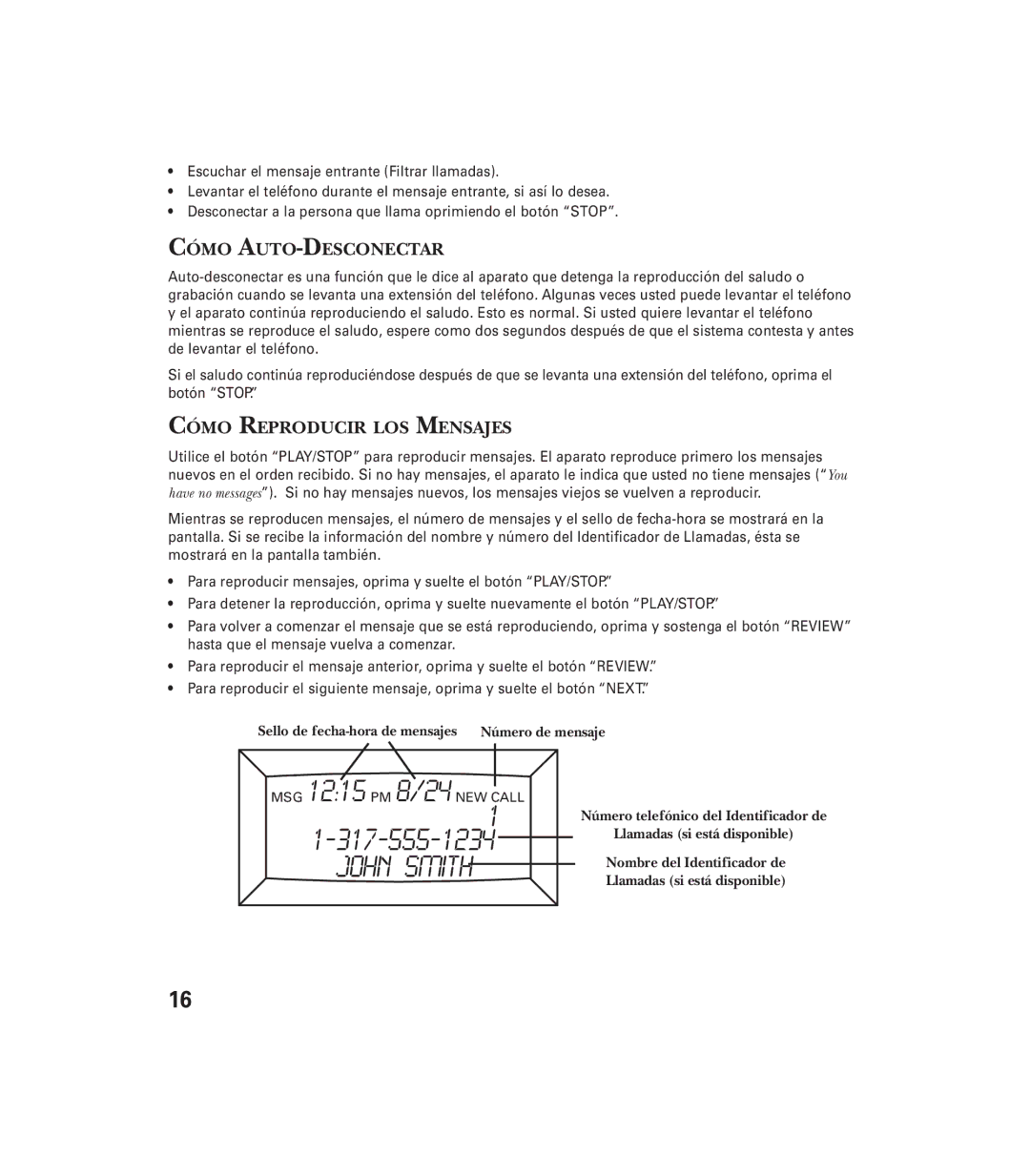 GE 29897 manual Cómo AUTO-DESCONECTAR, Cómo Reproducir LOS Mensajes 