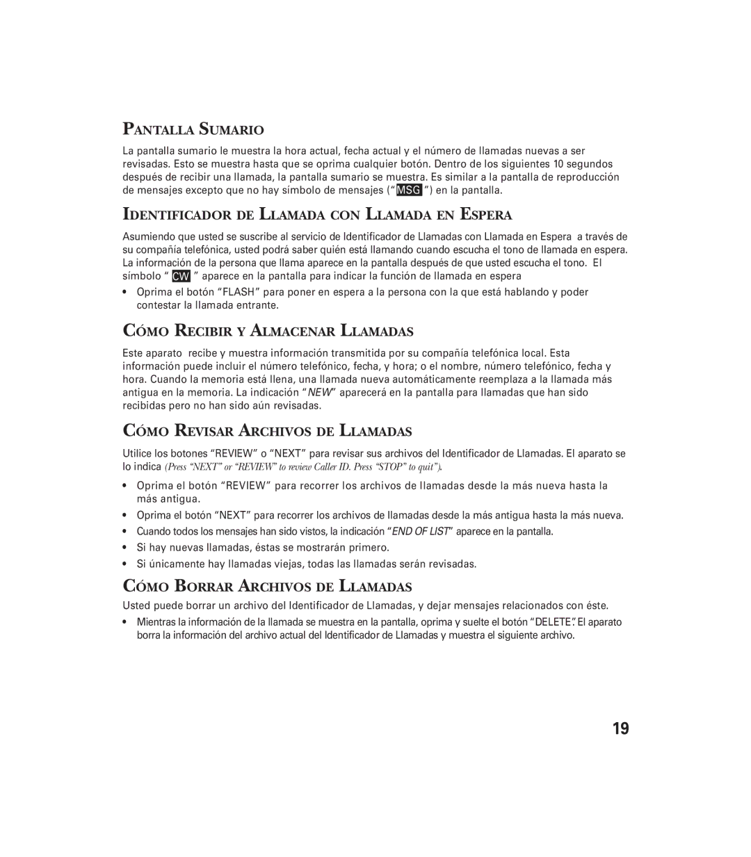 GE 29897 manual Pantalla Sumario, Identificador DE Llamada CON Llamada EN Espera, Cómo Recibir Y Almacenar Llamadas 