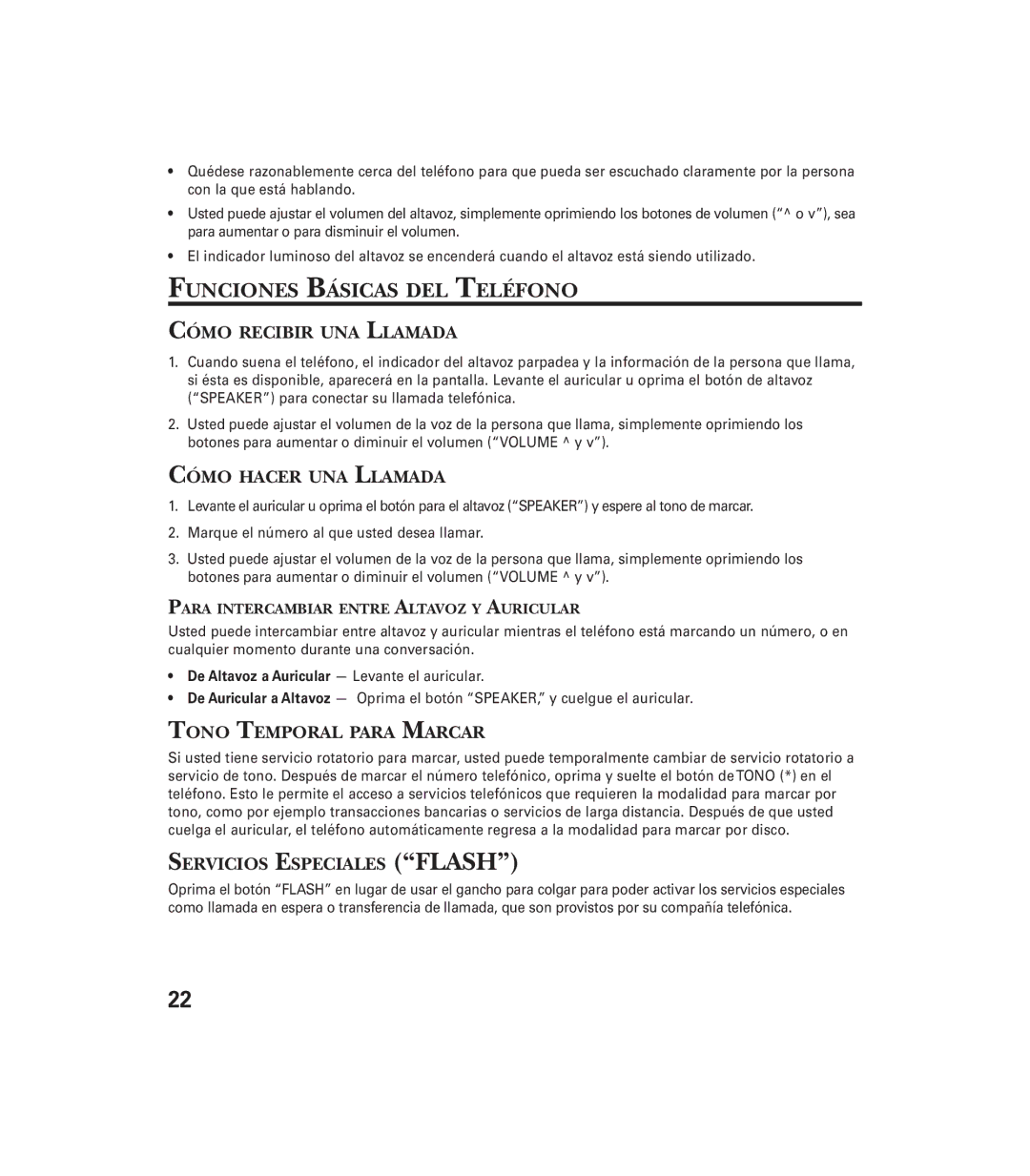 GE 29897 manual Funciones Básicas DEL Teléfono, Cómo Recibir UNA Llamada, Cómo Hacer UNA Llamada, Tono Temporal Para Marcar 