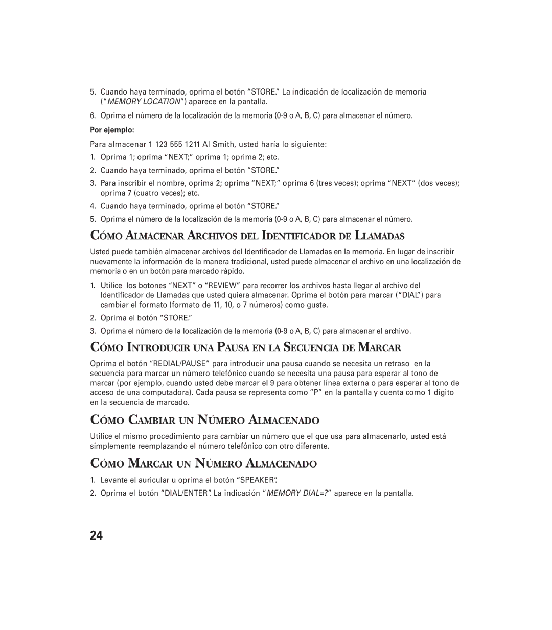 GE 29897 manual Cómo Almacenar Archivos DEL Identificador DE Llamadas, Cómo Introducir UNA Pausa EN LA Secuencia DE Marcar 