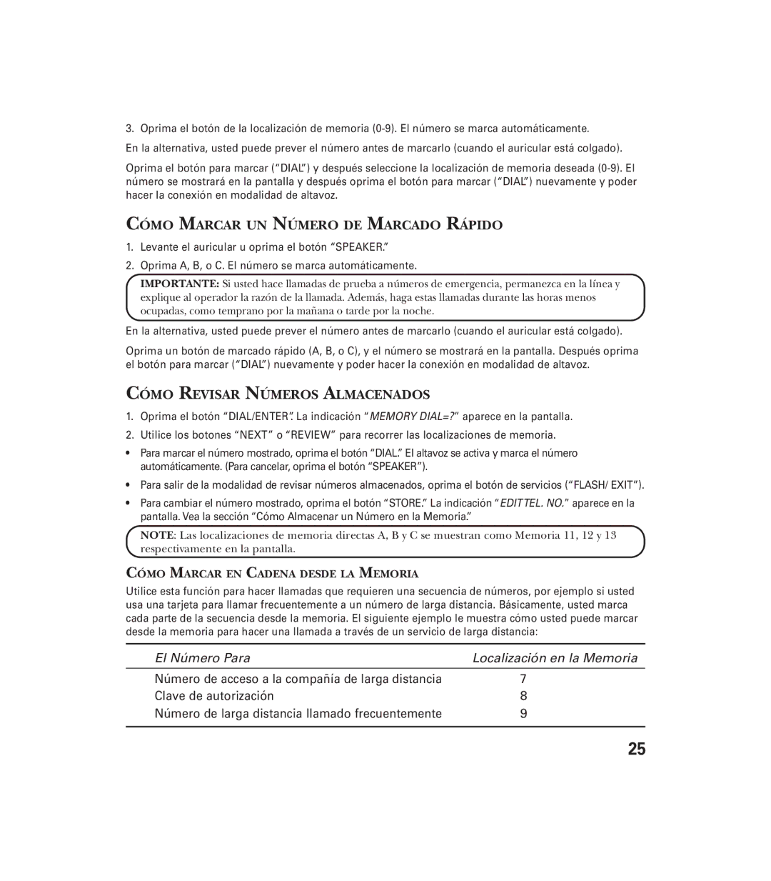 GE 29897 Cómo Marcar UN Número DE Marcado Rápido, Cómo Revisar Números Almacenados, Cómo Marcar EN Cadena Desde LA Memoria 