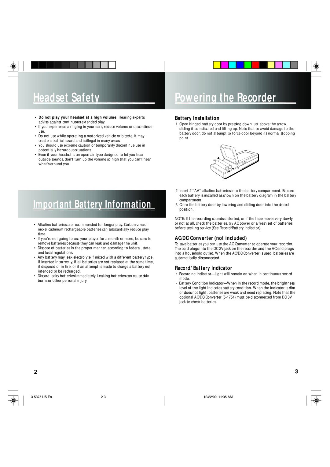 GE 3-5375 user manual Headset Safety, Powering the Recorder, Battery Installation, AC/DC Converter not included 