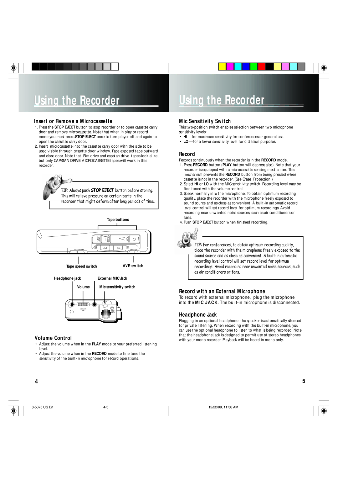 GE 3-5375 user manual Using the Recorder 