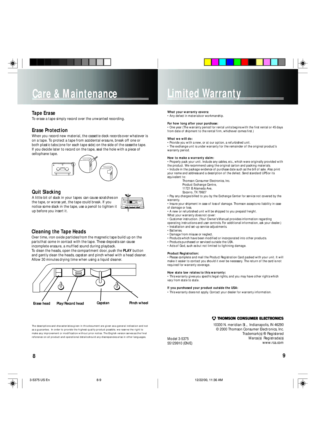 GE 3-5375 user manual Care & Maintenance, Limited Warranty 