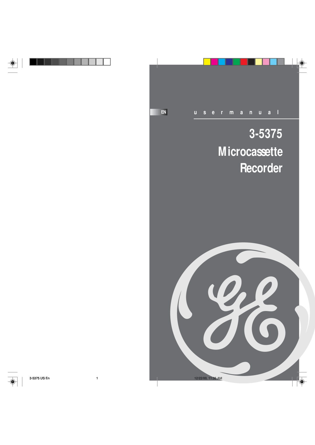 GE 3-5375 user manual Microcassette Recorder, u s e r m a n u a l, US En, 12/22/00, 1135 AM 