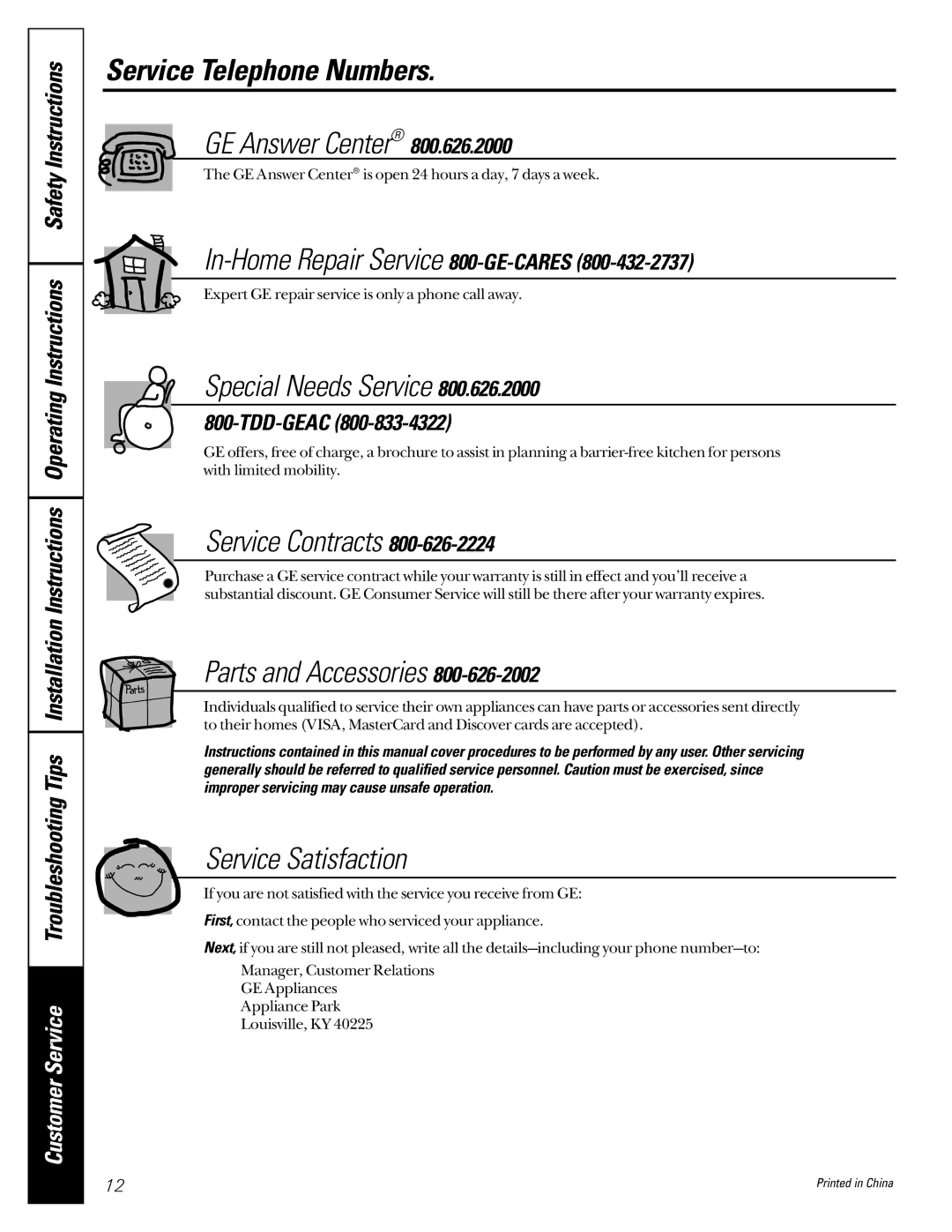 GE 3, and 4, 2 owner manual Service Telephone Numbers 