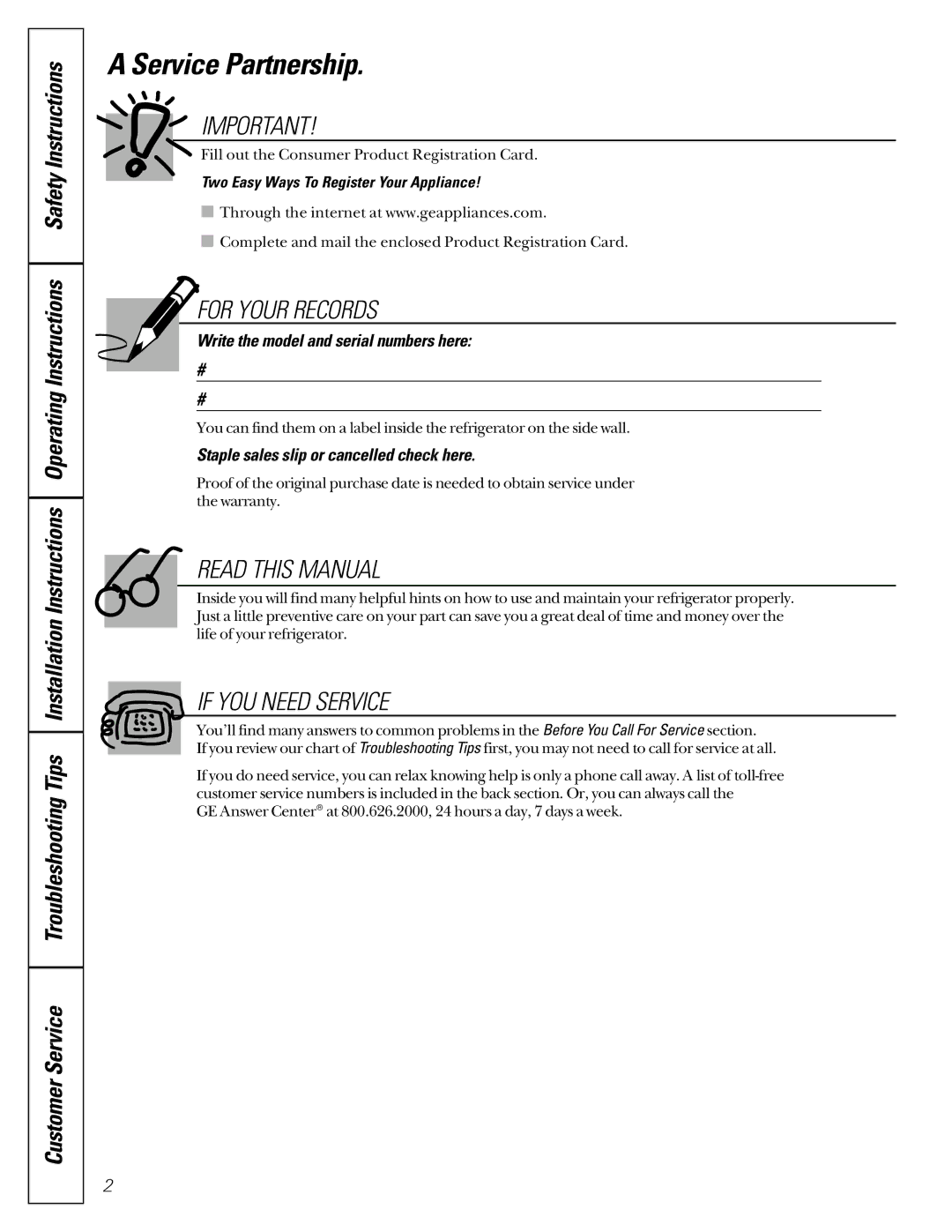 GE 2, 3, and 4 owner manual Service Partnership, Two Easy Ways To Register Your Appliance 