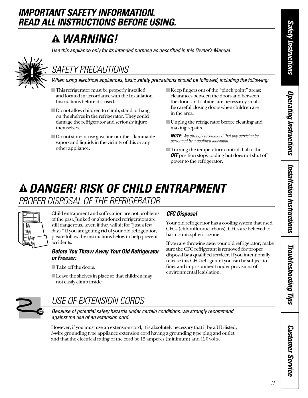 GE 3, and 4, 2 owner manual Before You Throw Away Your Old Refrigerator or Freezer, CFC Disposal 