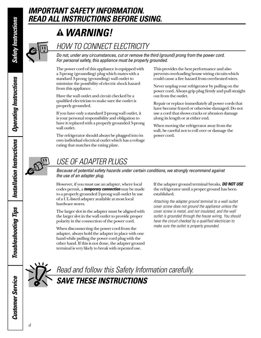 GE and 4, 3, 2 owner manual HOW to Connect Electricity 