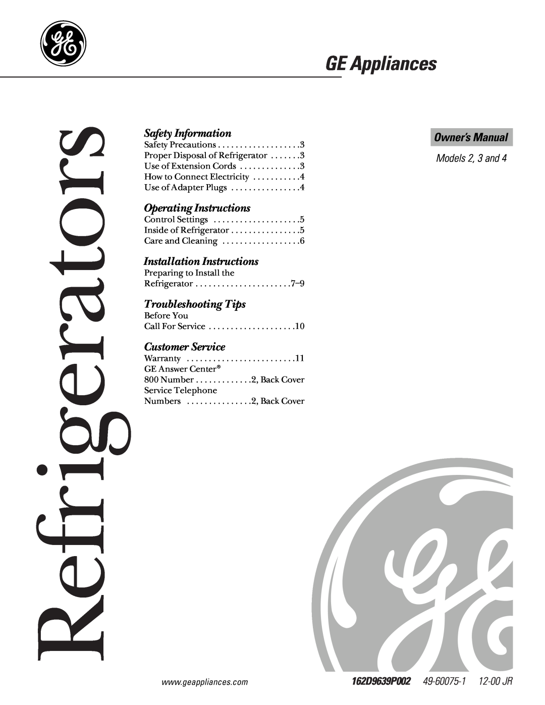 GE and 4 owner manual Models 2, 3 and, Refrigerators, GE Appliances, Safety Information, Operating Instructions 