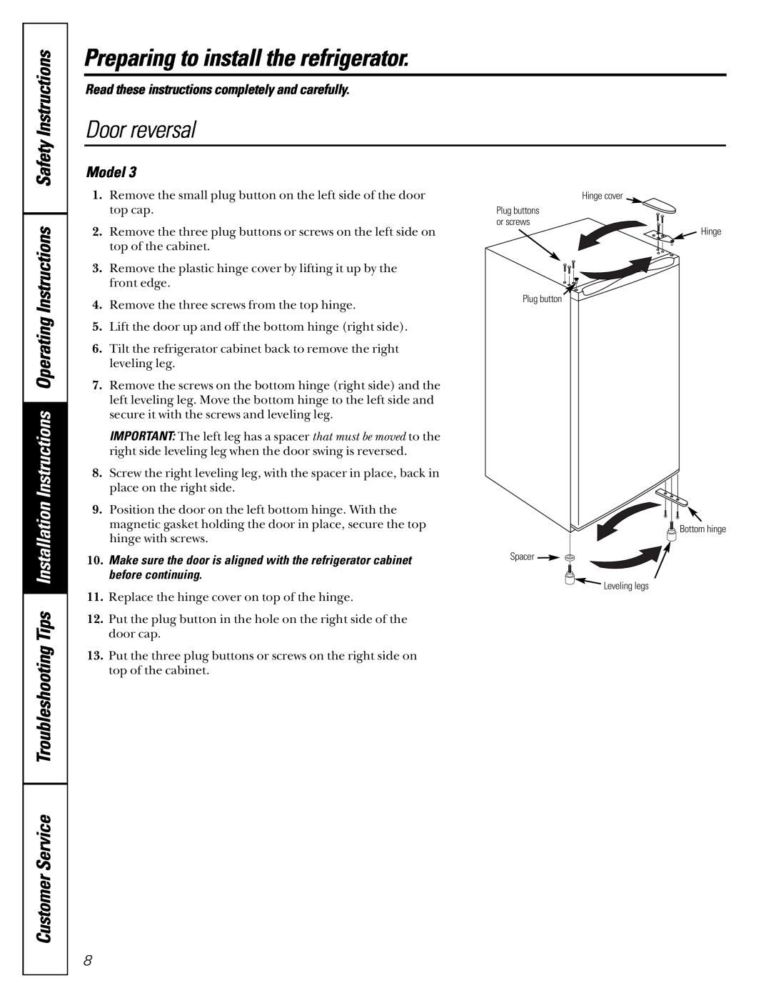 GE 2, 3, and 4 owner manual Door reversal, SafetyInstructions, Model, Preparing to install the refrigerator, CustomerService 
