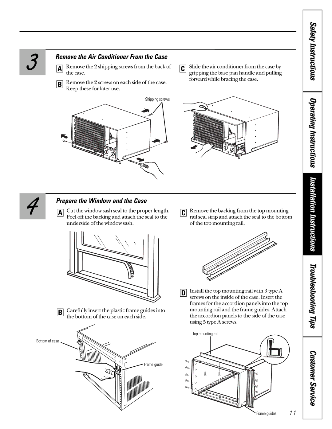 GE 3828A, 30036P owner manual Prepare the Window and the Case, Remove the Air Conditioner From the Case 