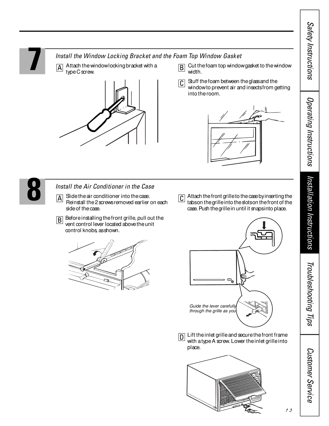 GE 3828A, 30036P owner manual Safety Instructions Operating Instructions, Install the Air Conditioner in the Case 