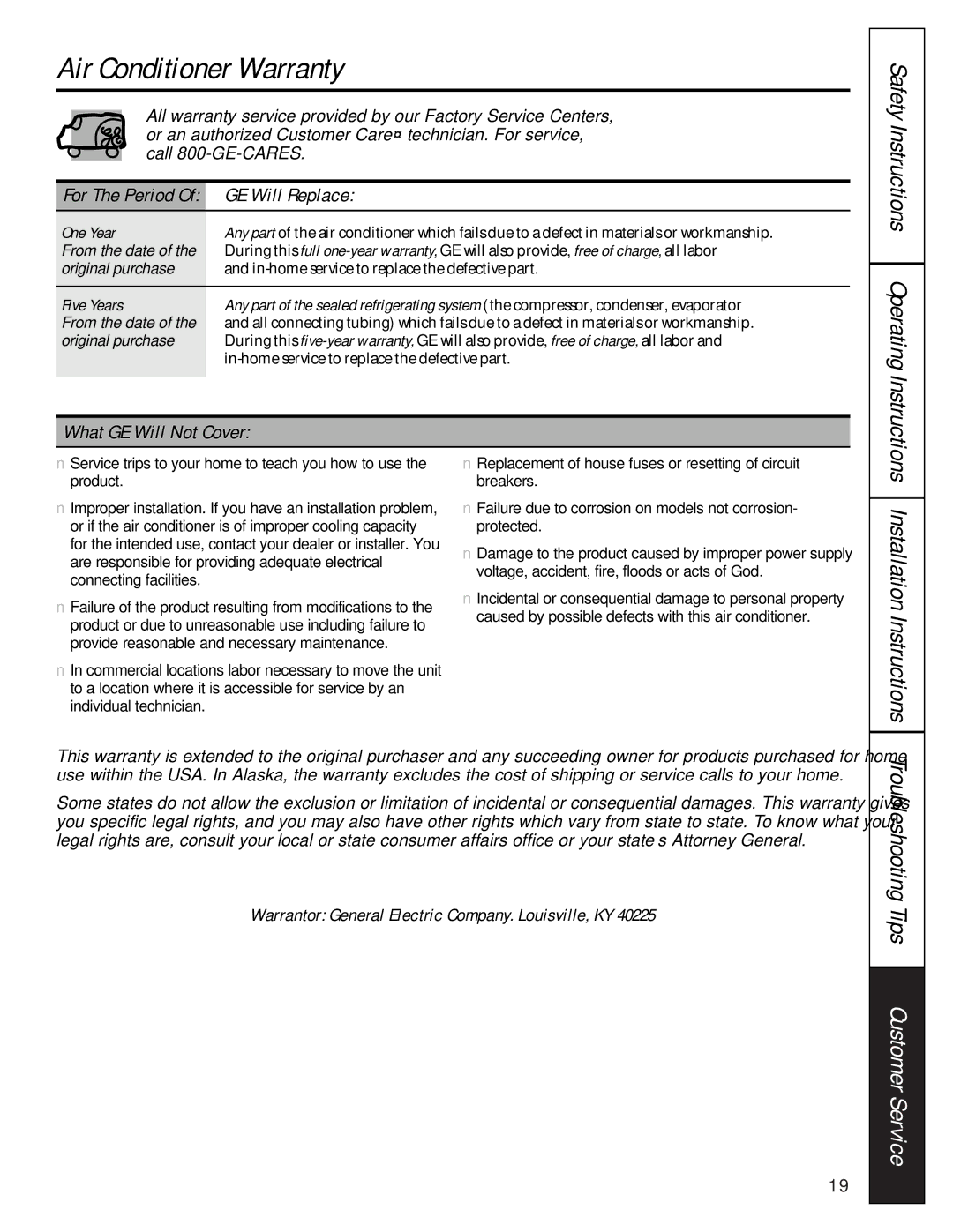 GE 3828A, 30036P owner manual Air Conditioner Warranty, GE Will Replace, What GE Will Not Cover, For The Period, One Year 