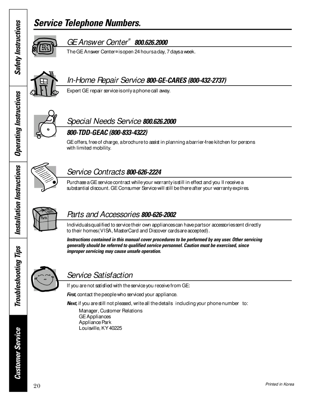 GE 30036P, 3828A owner manual Service Telephone Numbers 