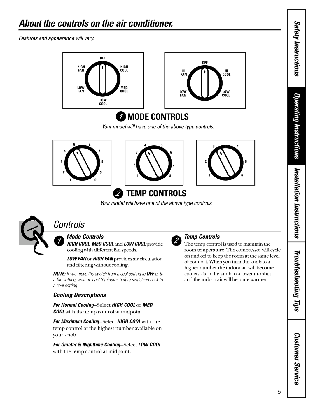 GE 3828A, 30036P About the controls on the air conditioner, Mode Controls, Temp Controls, Cooling Descriptions 