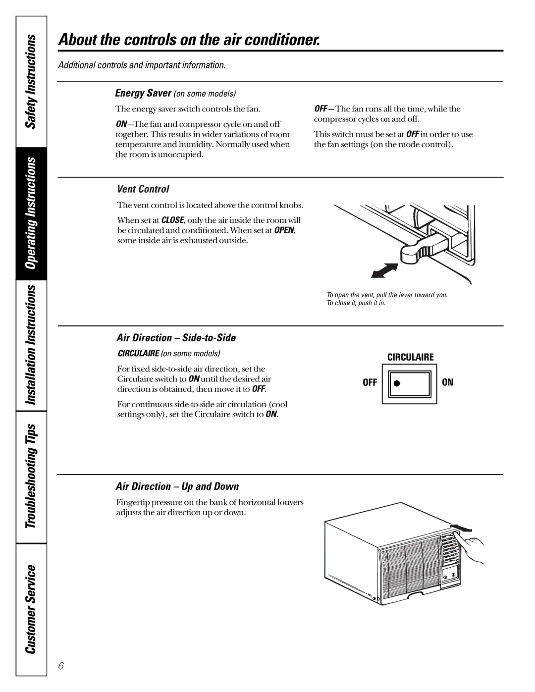 GE 30036P, 3828A owner manual Vent Control, Air Direction Side-to-Side, Air Direction Up and Down 