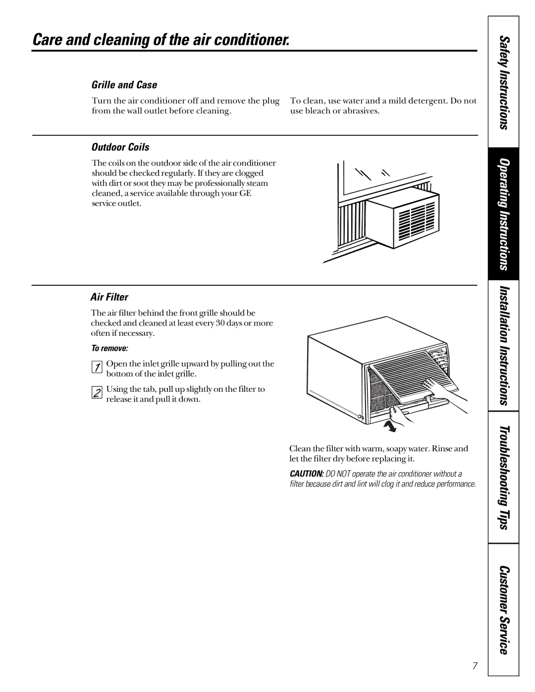 GE 3828A, 30036P Care and cleaning of the air conditioner, Grille and Case, Outdoor Coils, Air Filter, To remove 