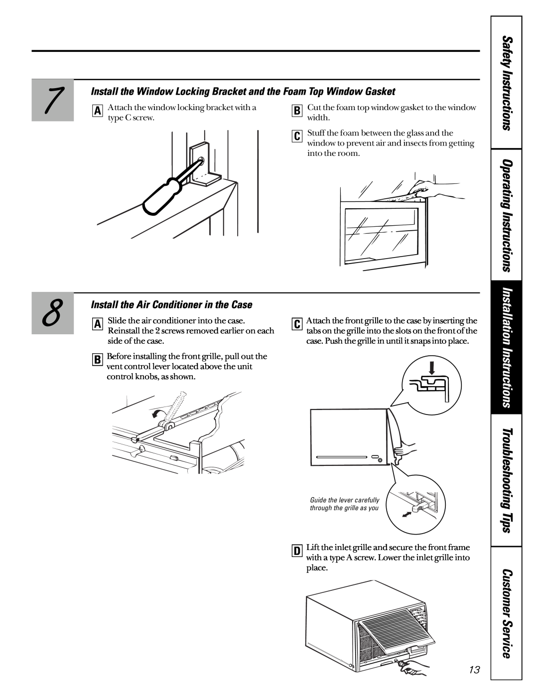 GE 3828A Safety Instructions Operating Instructions, Install the Air Conditioner in the Case, Tips Customer Service 