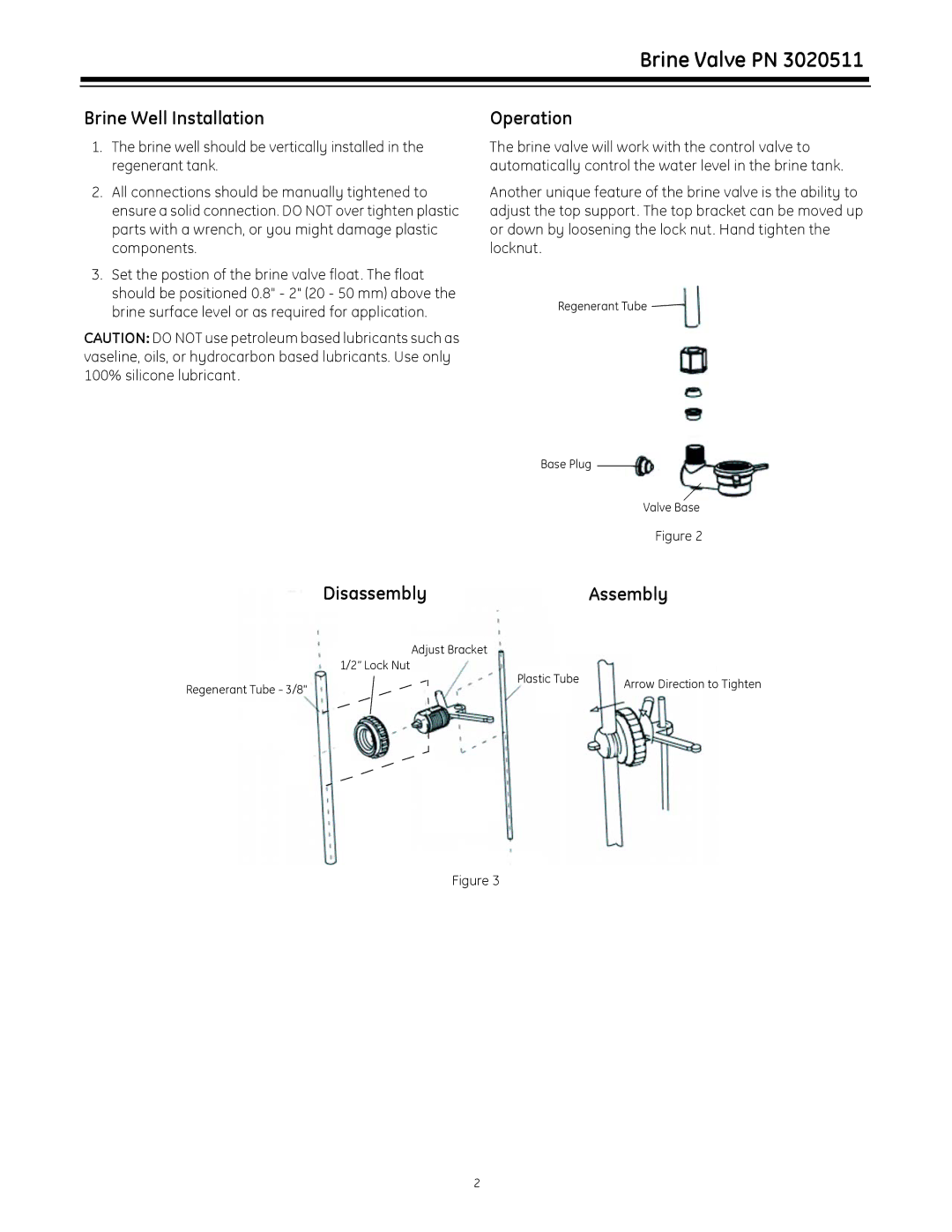 GE 3020511 installation manual Brine Well Installation, Operation, DisassemblyAssembly 