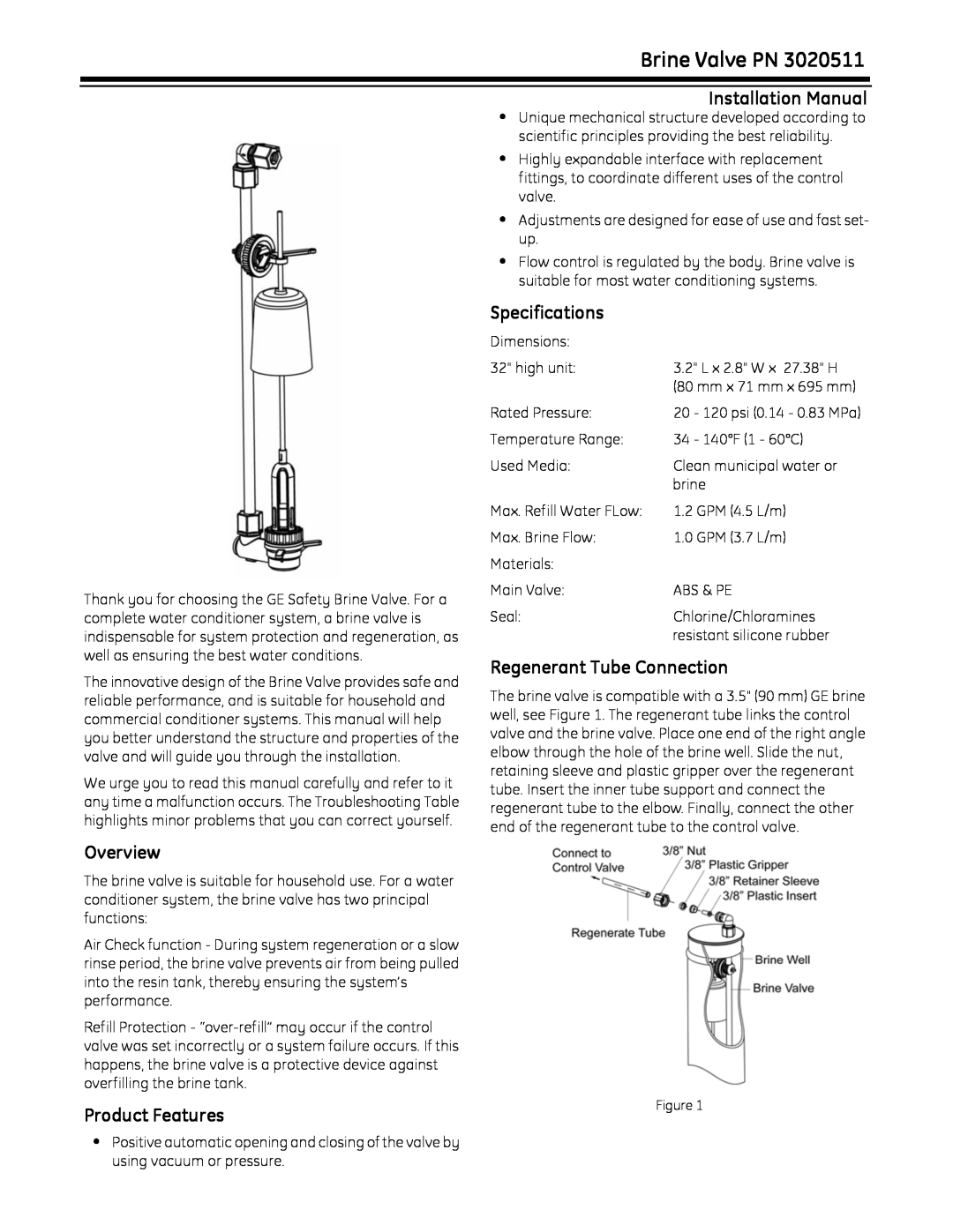 GE 3020511 installation manual Brine Valve PN, Overview, Product Features, Installation Manual, Specifications 