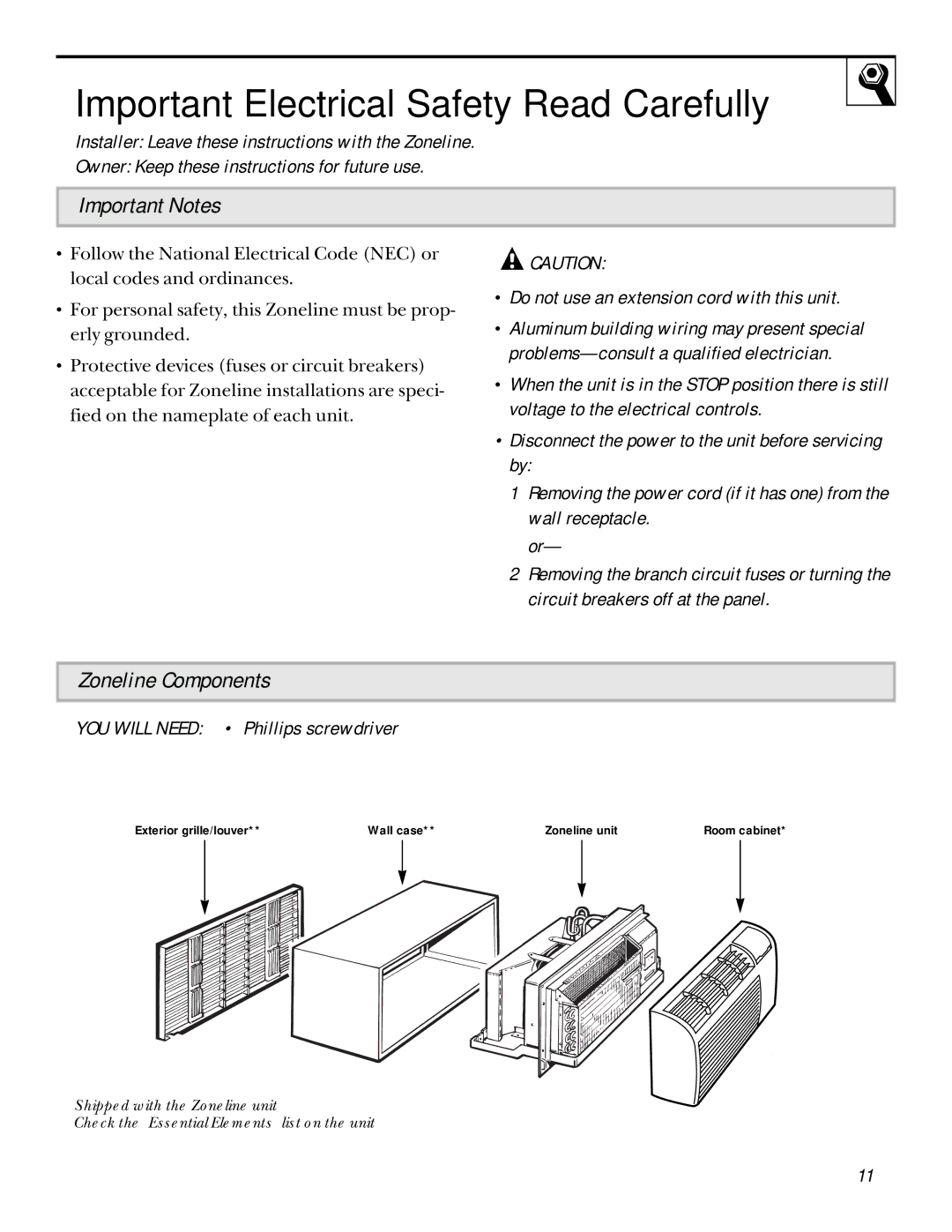 GE 3200 installation instructions Important Electrical Safety-Read Carefully, Important Notes, Zoneline Components 