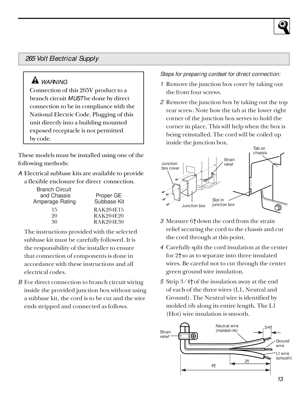 GE 3200 installation instructions Volt Electrical Supply, Steps for preparing cordset for direct connection 