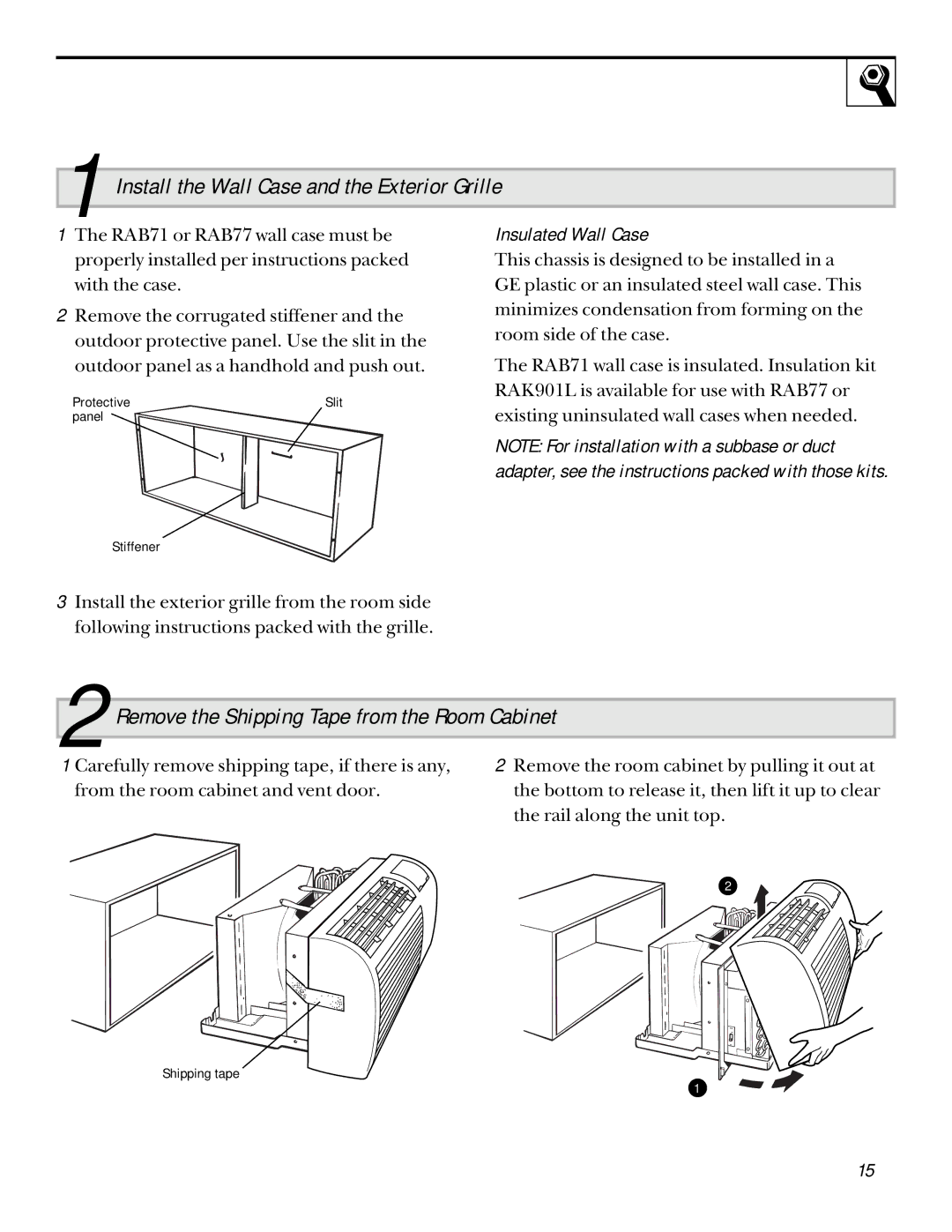 GE 3200 Install the Wall Case and the Exterior Grille, Remove the Shipping Tape from the Room Cabinet, Insulated Wall Case 