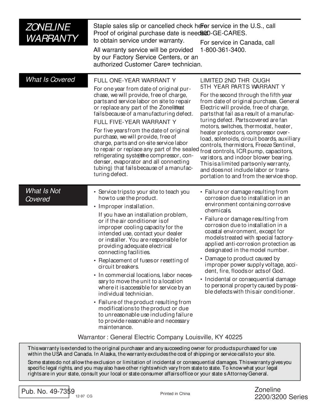 GE 3200 installation instructions What Is Covered, What Is Not Covered 