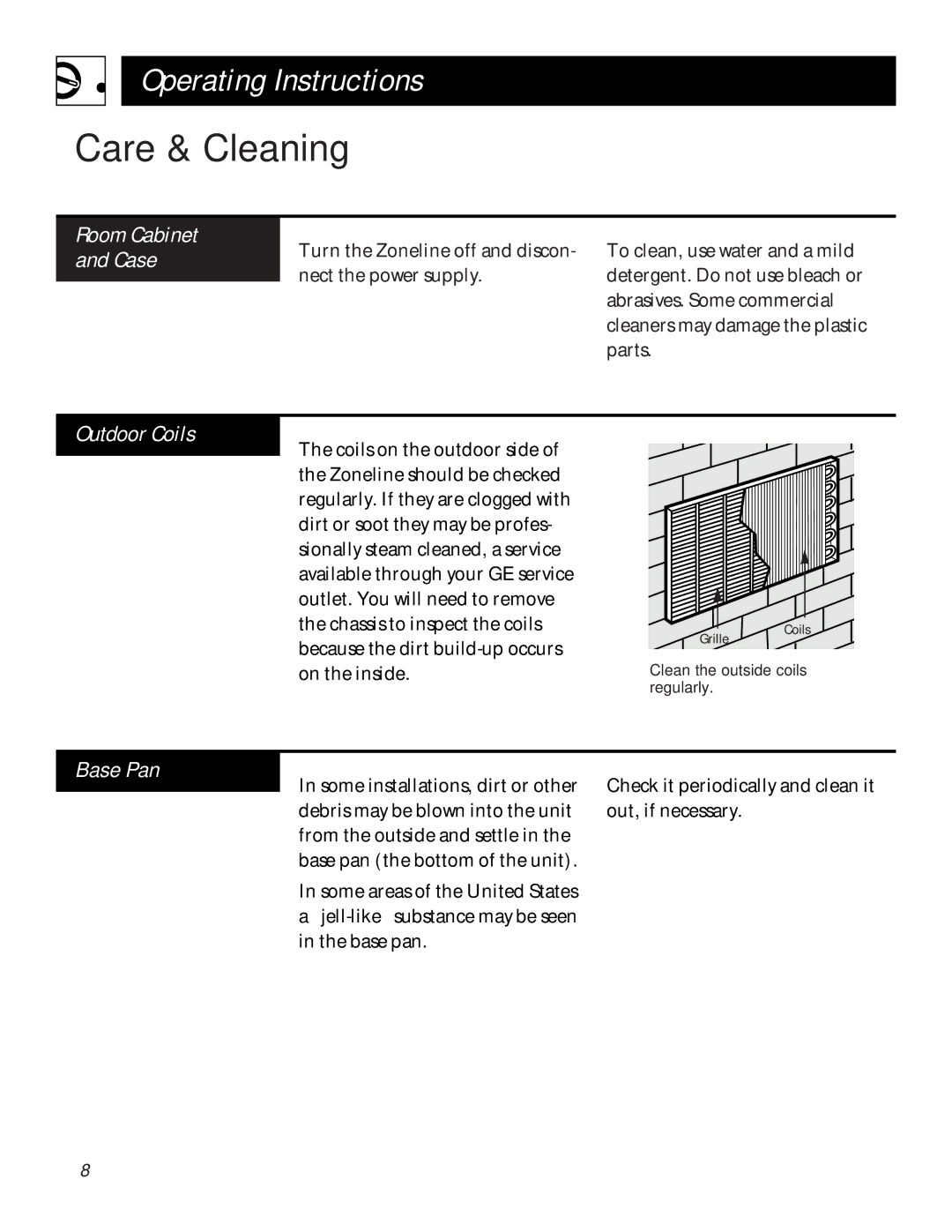 GE 3200 installation instructions Care & Cleaning, Outdoor Coils, Base Pan, Room Cabinet and Case 